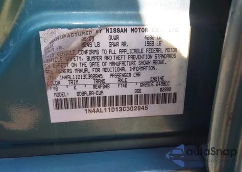 2003 Nissan Altima S/Sl from USA, damaged, VIN 1N4AL11D13C302845